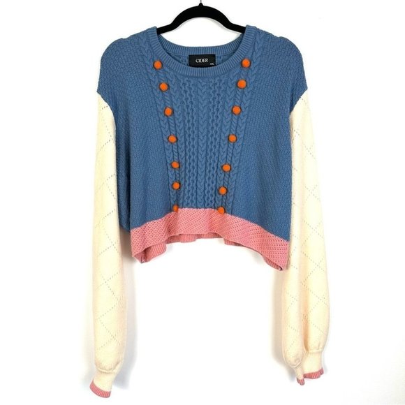 Cider Sweaters - Cider Pom Pom Knit Colourblock Knit Cropped Sweater Womens 4XL